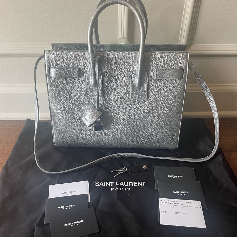 Authentic and Pristine YSL Sac de jour Mini Ave metallic silver